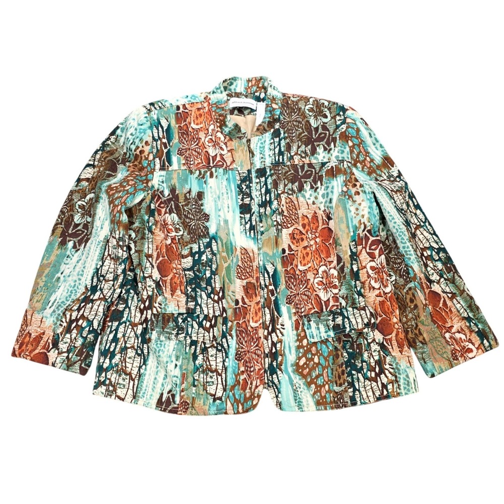 Alfred Dunner Zip Front Cotton Jacket Women's Size 16 Teal Rust Floral Abstract